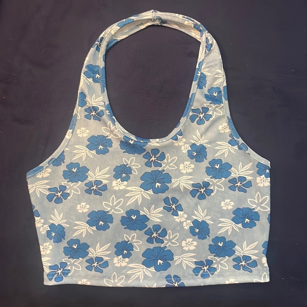 Blue Hawaiian Floral Halter Cropped Top